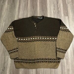 Vintage Grandpacore Sweater Mens XL Brown Striped Cotton Scandia USA 1/4 Button
